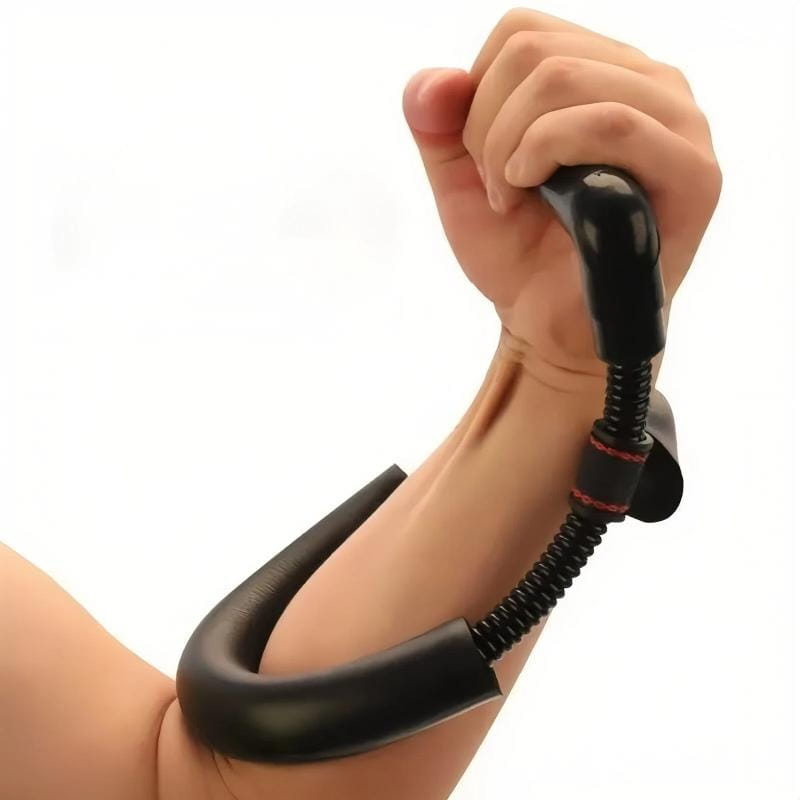 Adjustable forearm strength trainer featuring a black rubber-coated resistance band with electroplated carbon steel curved handle and elastic coil for effective fitness training.