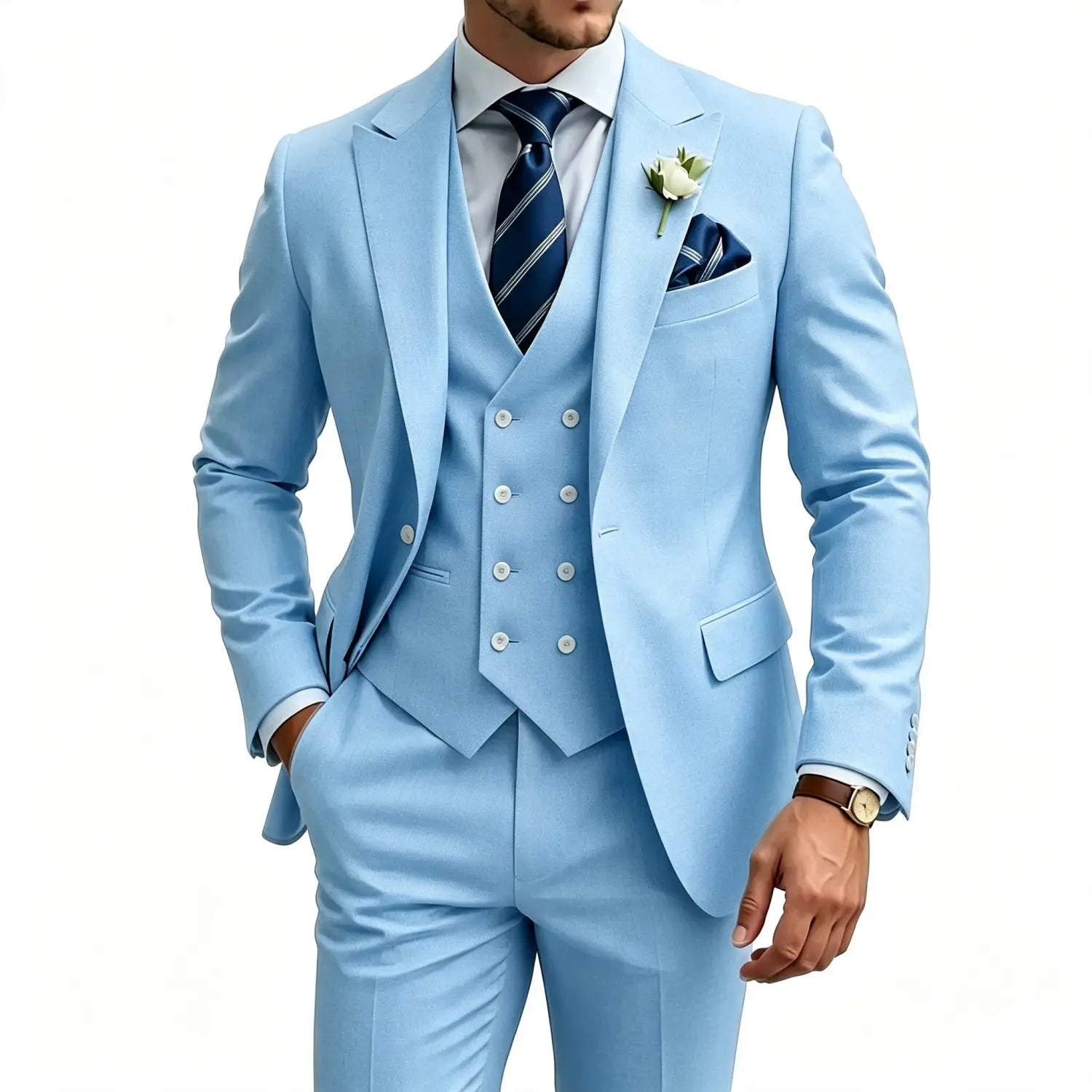 Traje de tres piezas ajustado para hombre color azul claro, con chaleco de doble botonadura y pantalones a juego con tipo de cierre frontal sencillo.