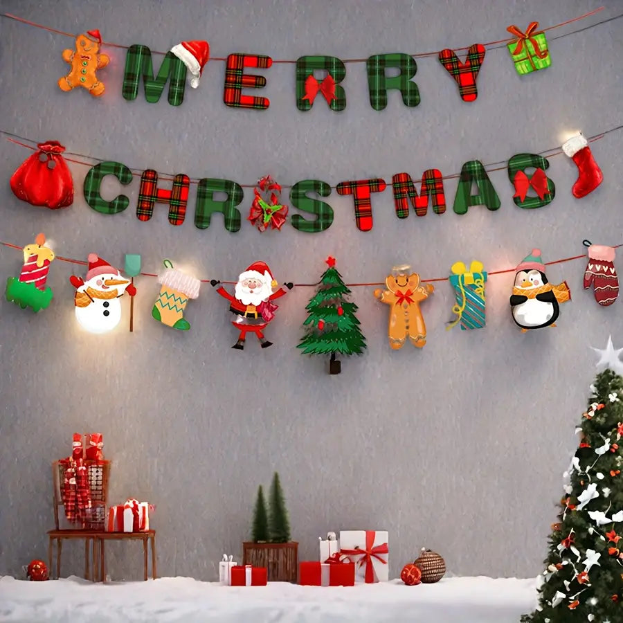 Merry Christmas plaid banner party decoration set featuring green and red letter banner with festive holiday cutouts hanging above a snowy scene.