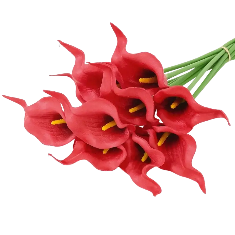 A vibrant red calla lily flower bouquet with yellow stamens and green stems tied together viewed from the front
