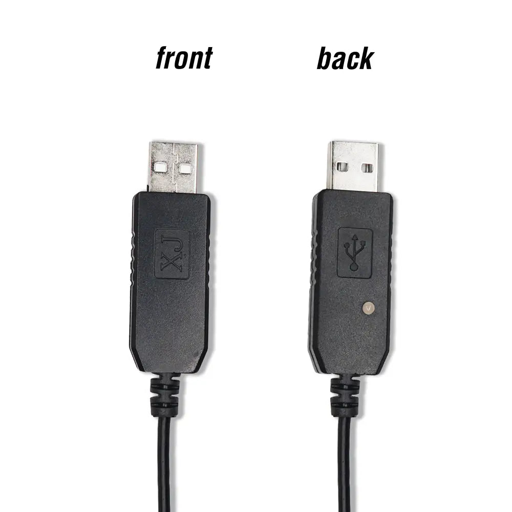 一方の端にXJコネクタ、他方の端に標準的なUSB-Aポートを備え、マットブラックのプラスチック筐体に収めた、バオフェン 無線機(ウォーキー・トーキー)用ブラックUSB充電ケーブル。