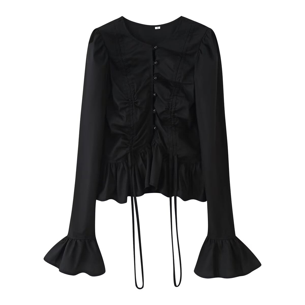 Black slim-fit design long sleeve blouse with ruched bodice, round neckline, button-front closure, and flared cuffs.