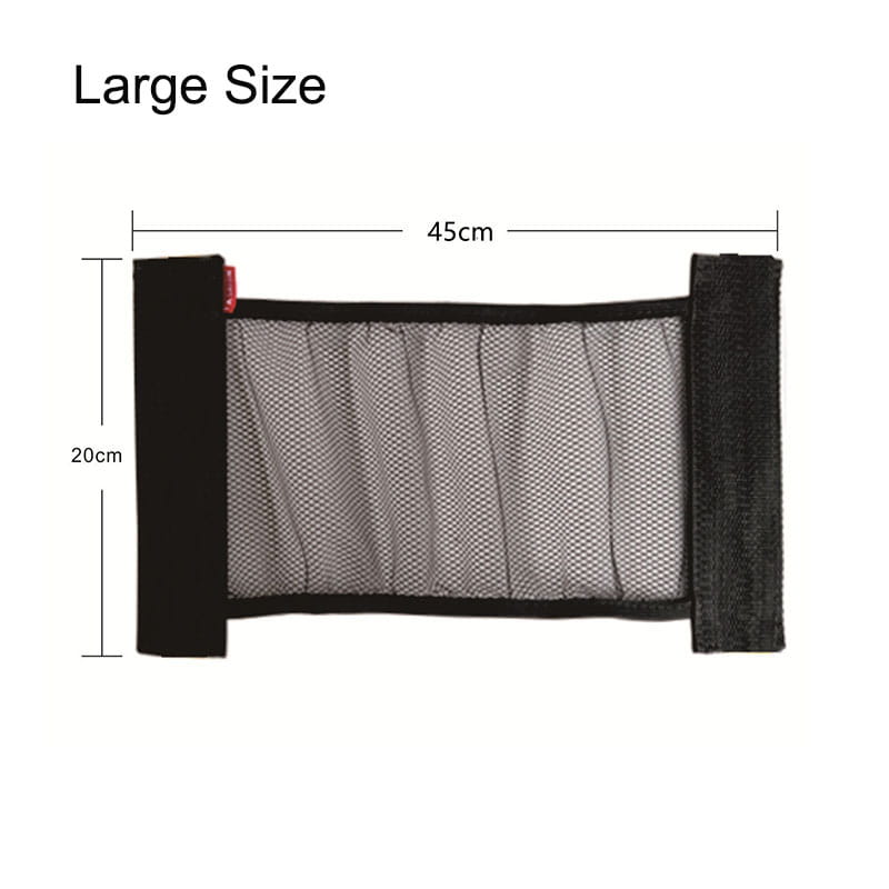Schwarzes Fahrzeug-Cargo-Netz mit elastischen Seitenbändern, mit einer Breite von 45 cm und einer Höhe von 20 cm; für die Kofferraumorganisation als elastisches Netz zur Aufbewahrung.