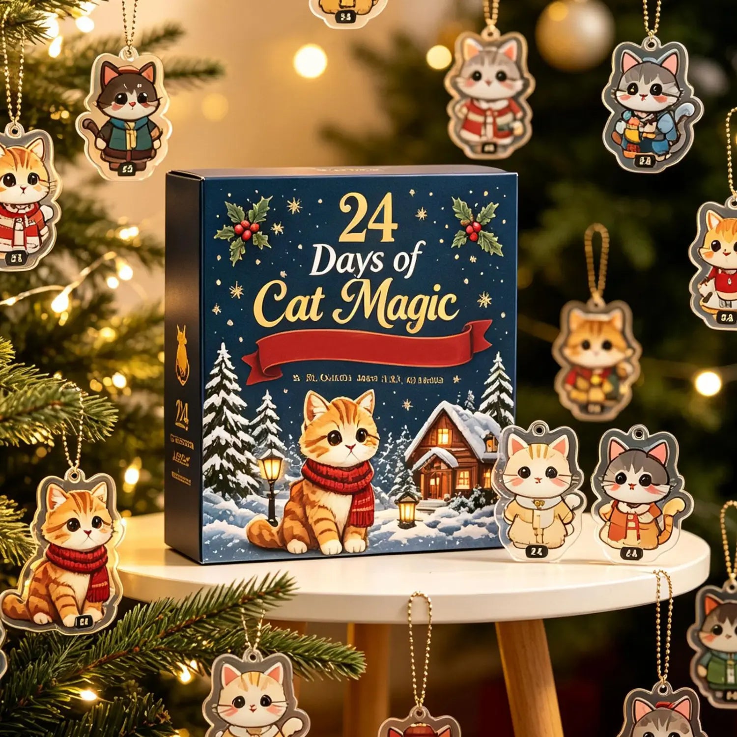 Une boîte de calendrier de compte à rebours bleue festive, indiquant « 24 jours de magie du chat », avec un chat tigré orange illustré portant une écharpe rouge, devant un chalet enneigé, et des ornements de chat suspendus en acrylique transparent, pour le calendrier de compte à rebours pour le chat.