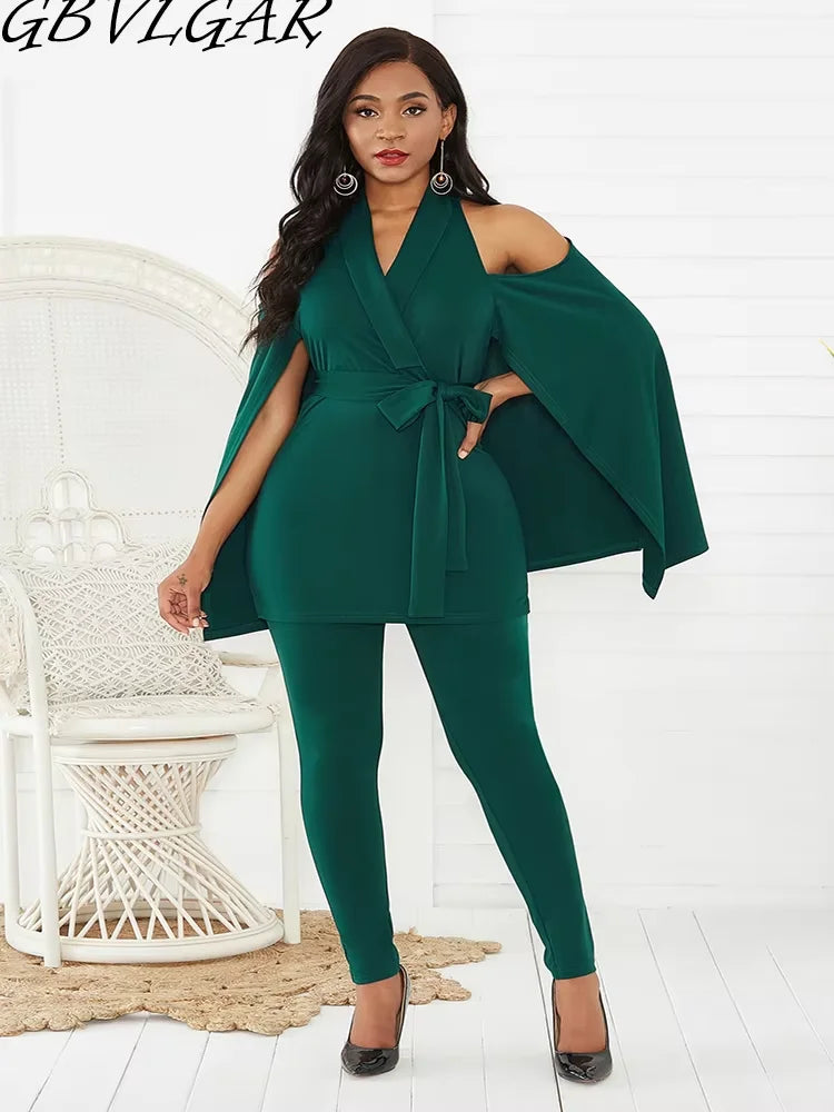 Women Going Out Party Black Cloak Sleeve Jumpsuits Casual V-Neck Top Cape Skirt Pencil Pants Suit Winter Lady Jumpsuit With Belt