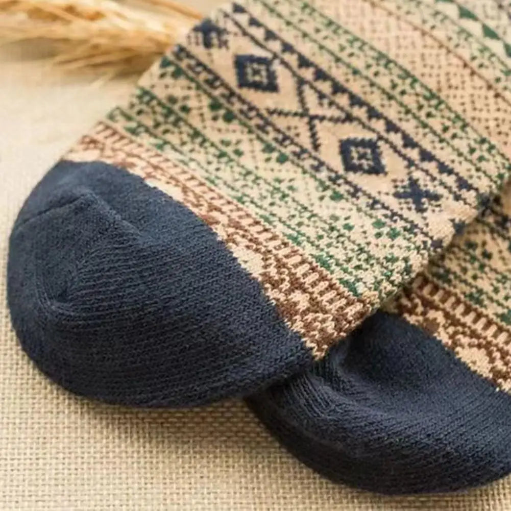 Beige and navy blue patterned knit men retro cotton crew socks feature geometric designs with a mid-high tube length ideal for fashion trend and thermal use.