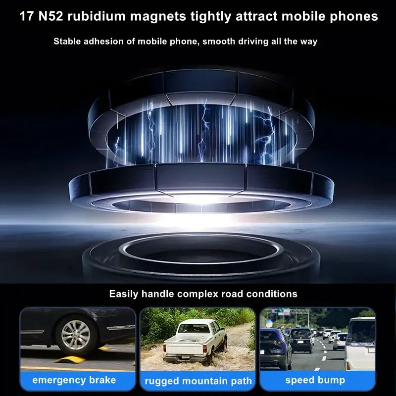 support de téléphone pour voiture magnétique circulaire noir avec effets d’éclairs bleus lumineux, présenté de face comme support réglable pour tableau de bord.