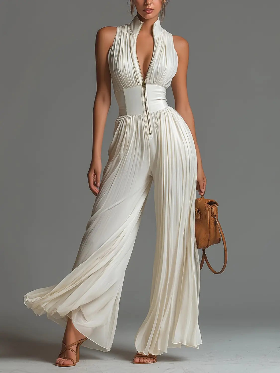 A flowing white pleated chiffon wide leg jumpsuit featuring a halter neck and high waist.
