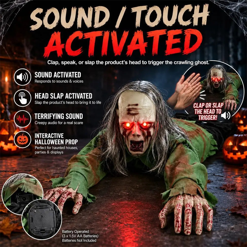 animiertes kriechendes Zombie-Halloween-Prop mit Sound und Lichtern, mit einem sound- und berührungsausgelösten Geist mit leuchtenden roten Augen, grau-weißem Gesichtsschminkbild, langem, zerzaustem Haar, zerrissener grüner Kleidung und blutverschmierten Händen.