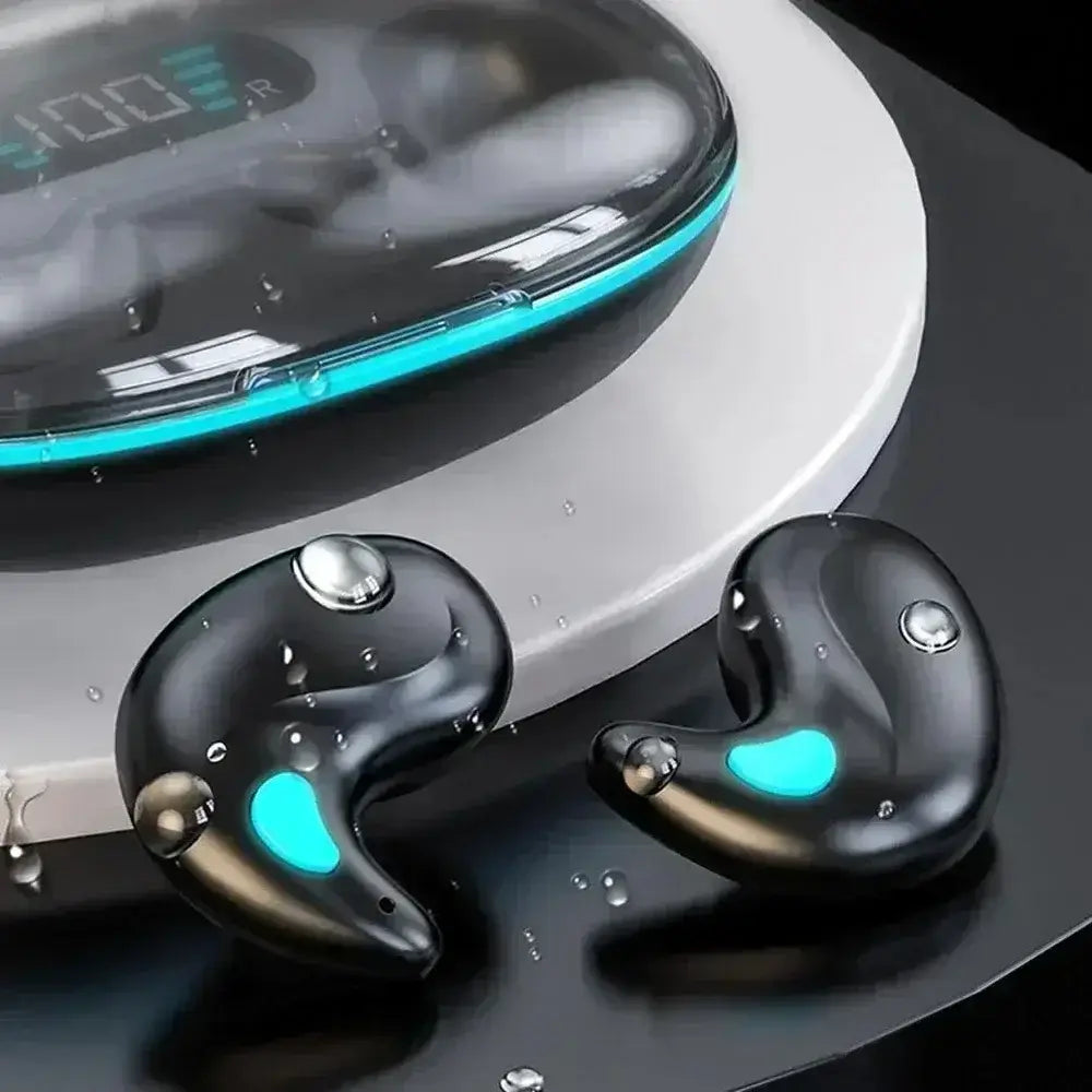black wireless sleeping earbuds bluetooth 5.3 mini headphones with glowing teal accents and metallic buttons displayed beside a matching charging case