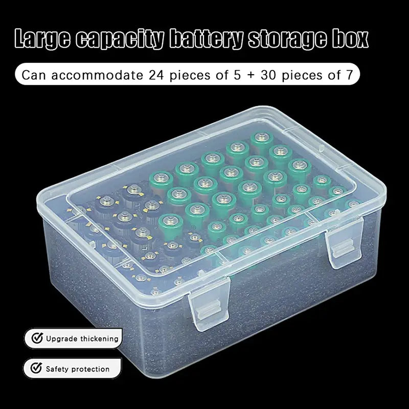 Clear plastic battery storage organizer holder with compartments containing green and black cylindrical batteries designed to hold 54 batteries.