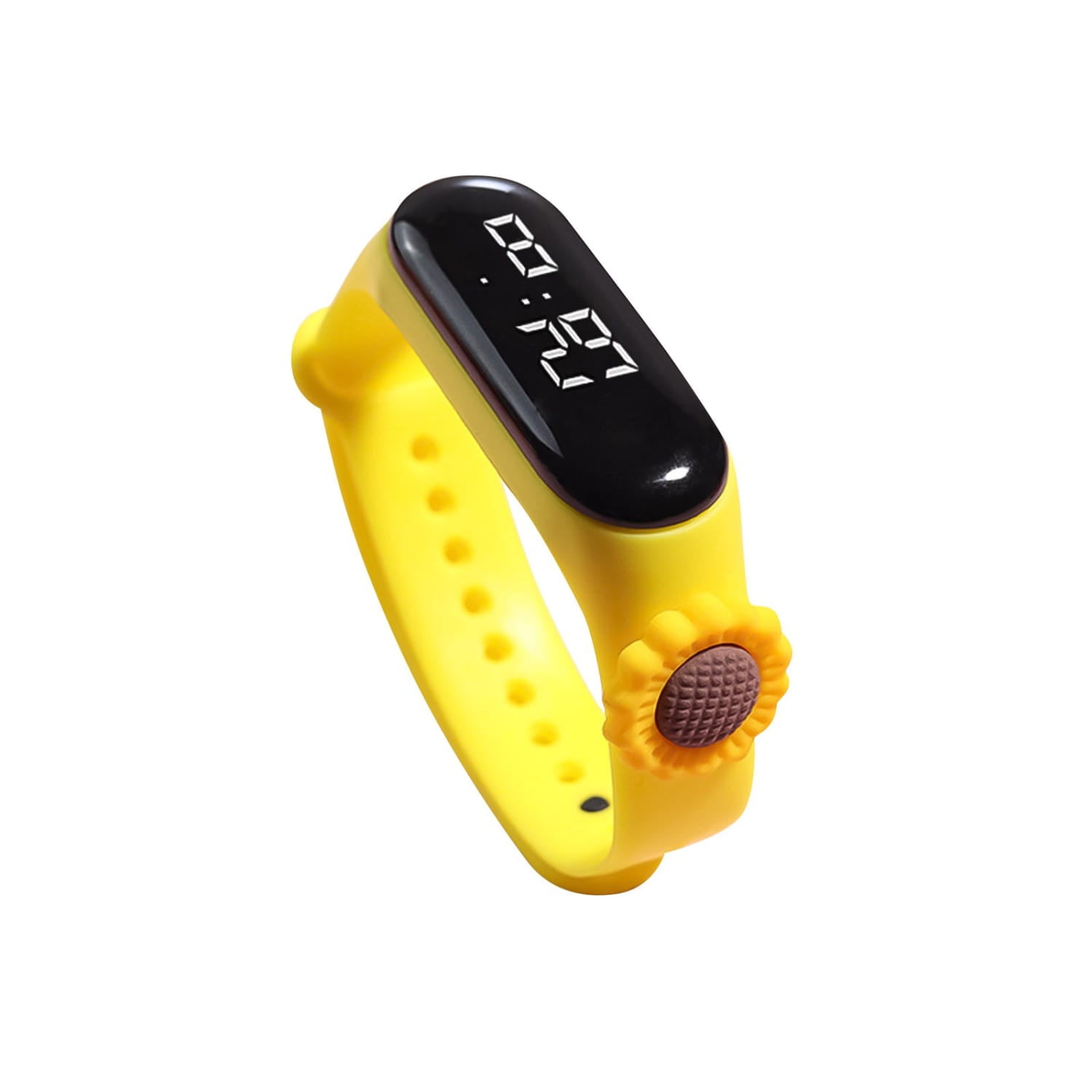 Bright yellow kids silicone digital watch with a black digital display, sunflower-shaped button, and life waterproof material type for active use.