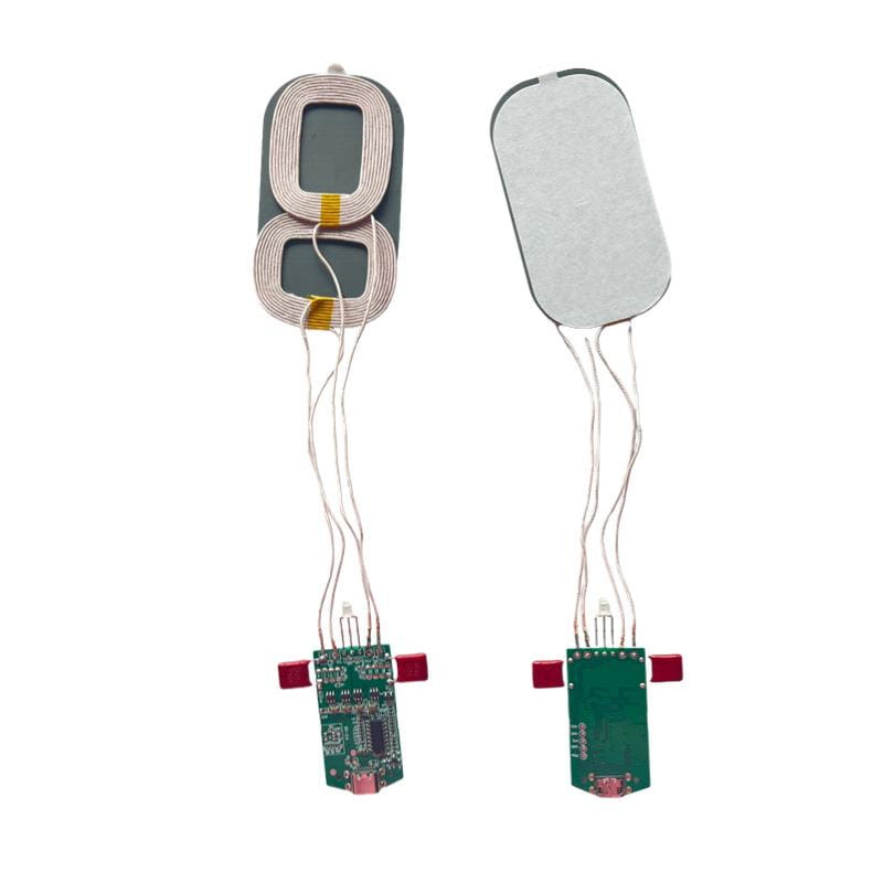 Wireless charging pads with silver coils and green circuit boards showing the back side of the 15w dual coil wireless charger pcba module.