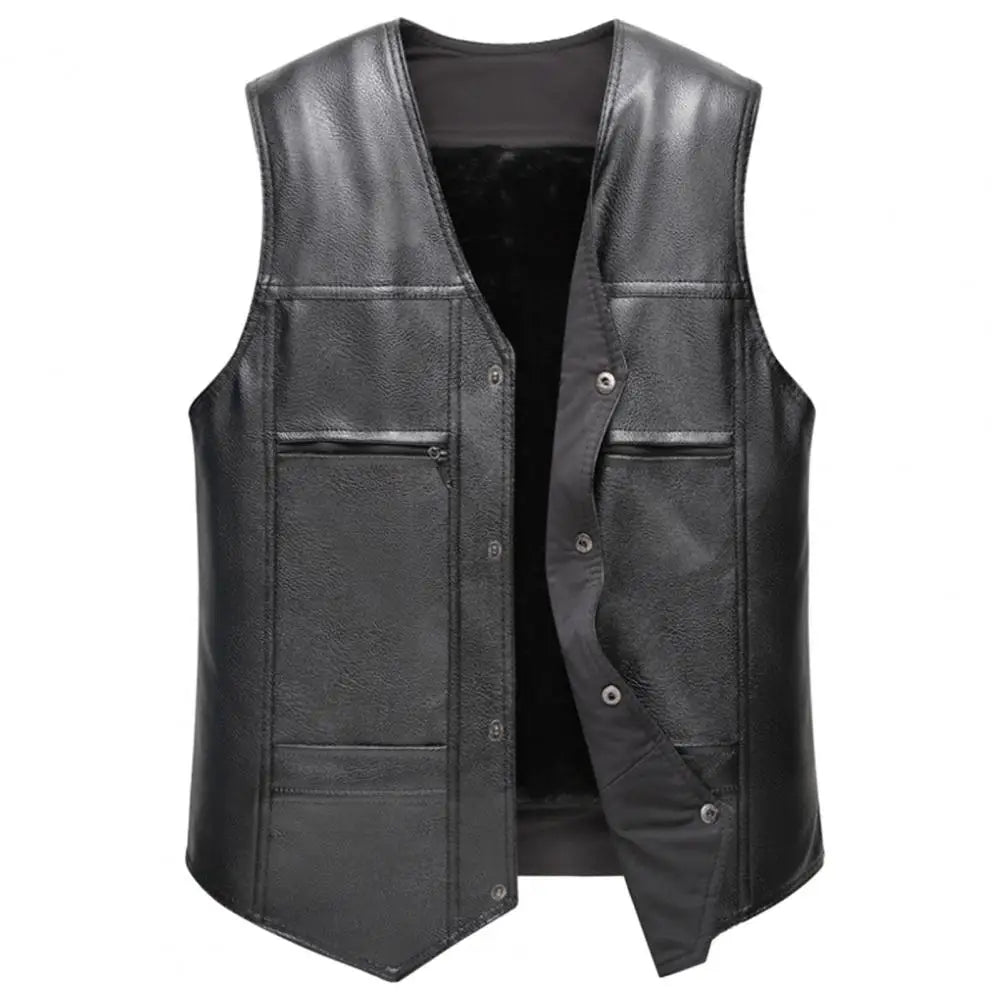 Faux Leather Waistcoat Men Motorcycle Vest Coat Warm Autumn Winter Single Breasted V-neck Sleeveless Jacket
