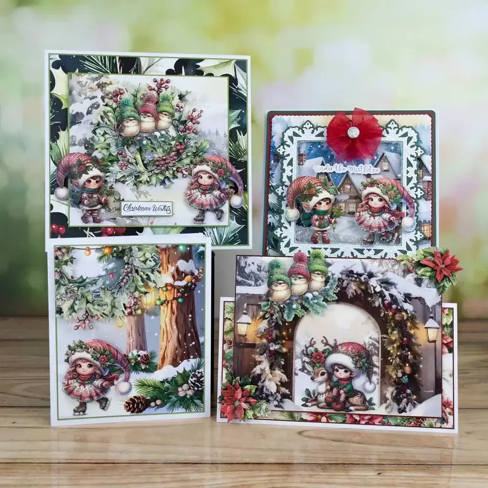 Four intricately designed christmas greeting cards featuring charming illustrated elves in festive winter scenes created with a christmas metal cutting die and stamp set adorned with holly pinecones and red poinsettias.
