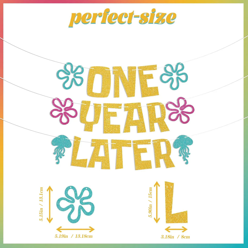 One Year Later Banner - Sea Animals First Birthday Decor, Yellow Undersea Theme Cartoon 1st Birthday Decorations Gold