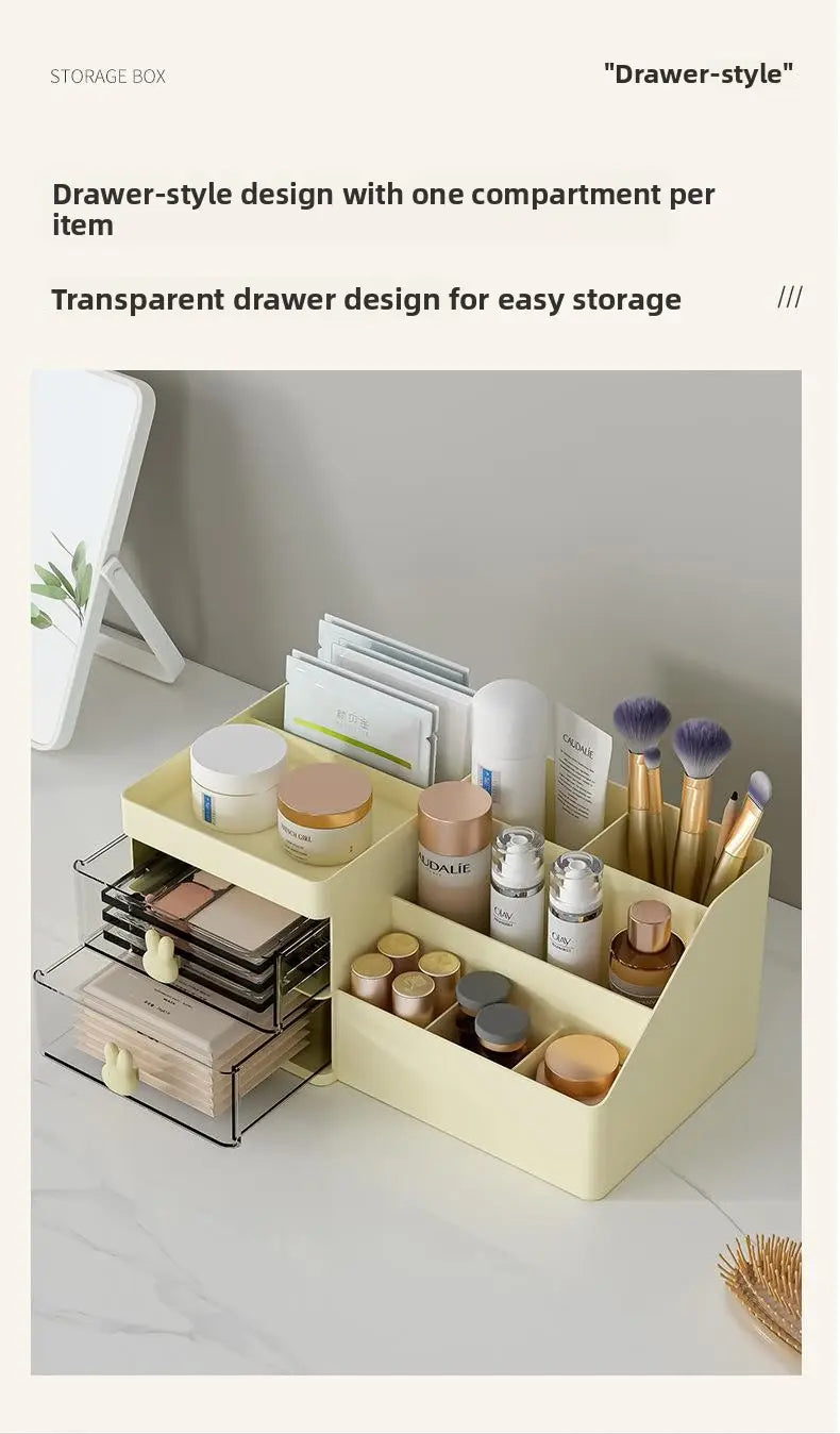 Cream-colored plastic storage box with large capacity and transparent drawers featuring bunny-shaped handles in a modern minimalist style organizer.