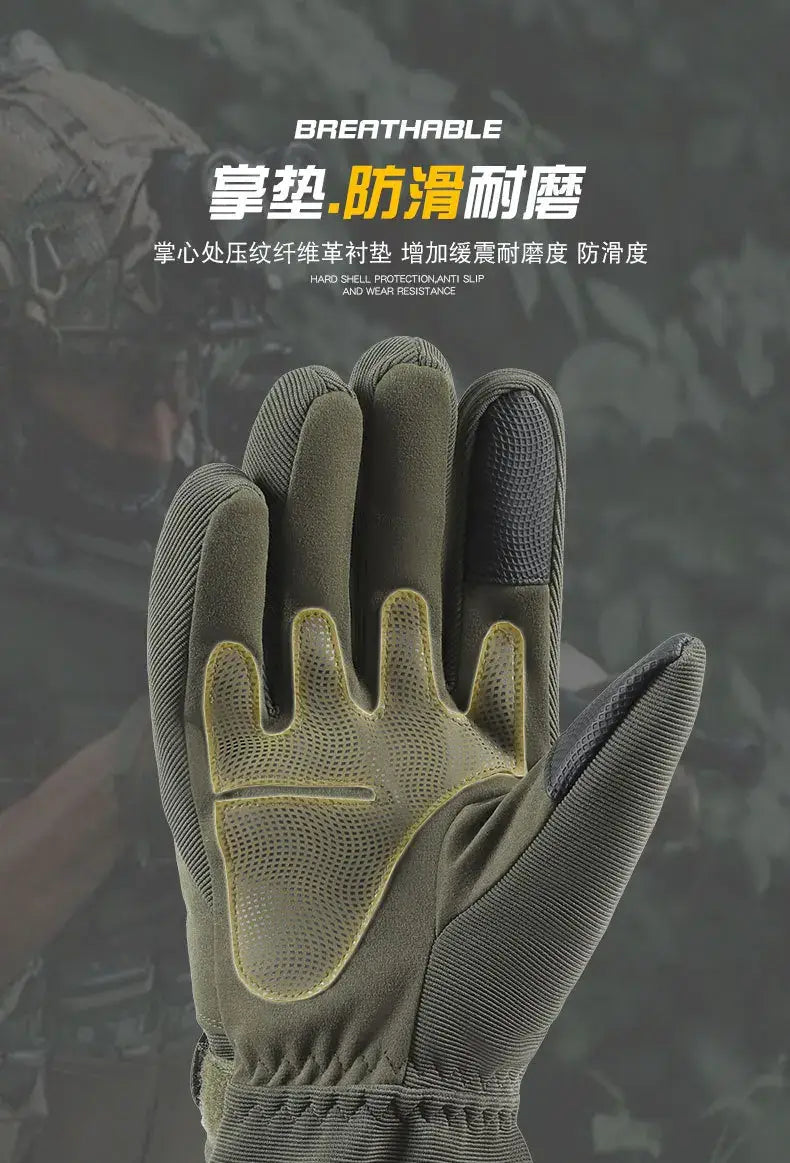 Olive green winter motorcycle gloves with thermal windproof material featuring reinforced palm and finger sections and a breathable mesh design for grip and durability.