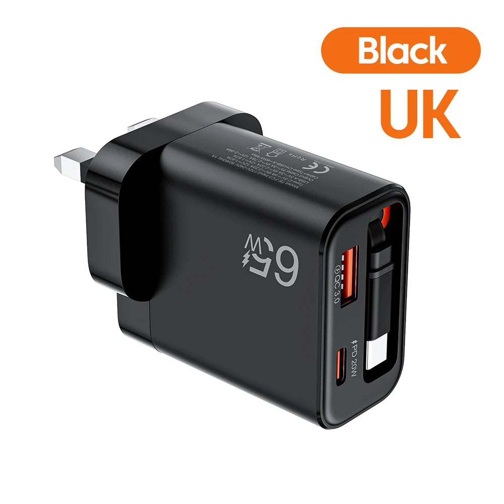 65W USB Phone Charger With Retractable Super Fast Charging Type C Cable For iPhone 17 16 POCO Xiaomi QC 3.0 USB PD Wall Charger