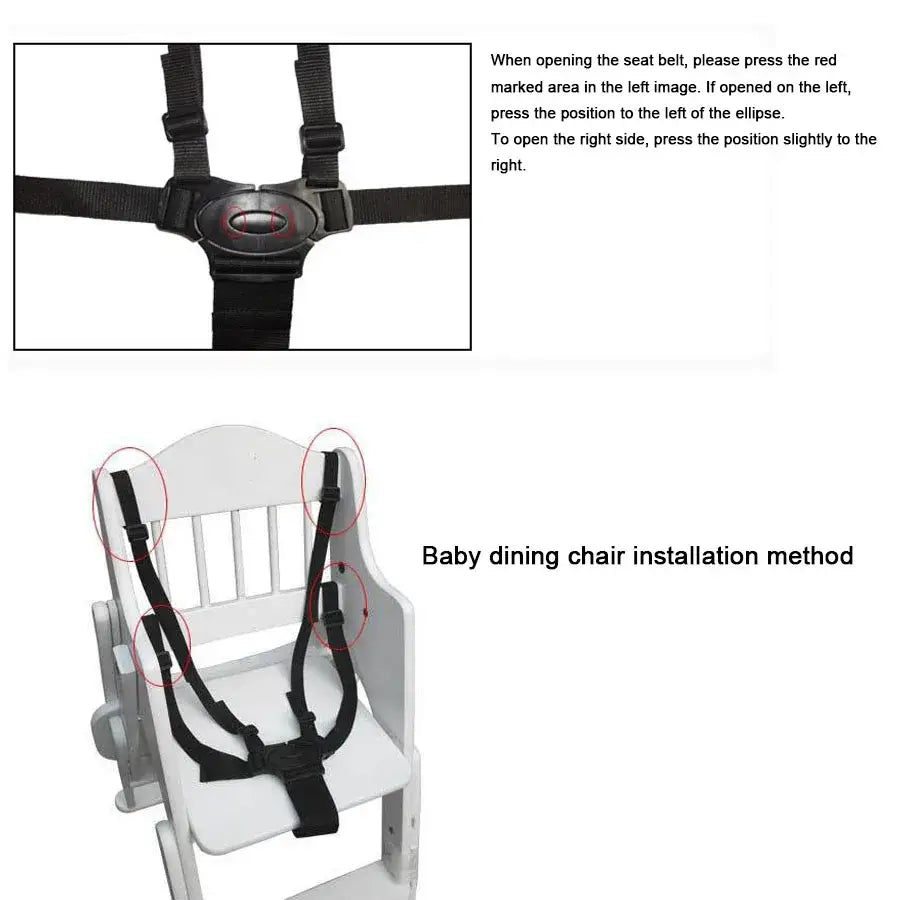 Cinturón del arnés de seguridad para bebé universal de 5 puntos, ajustable y de color negro, fabricado con material resistente para asegurar a los lactantes en sillas de comedor; se muestra desde el lado trasero.