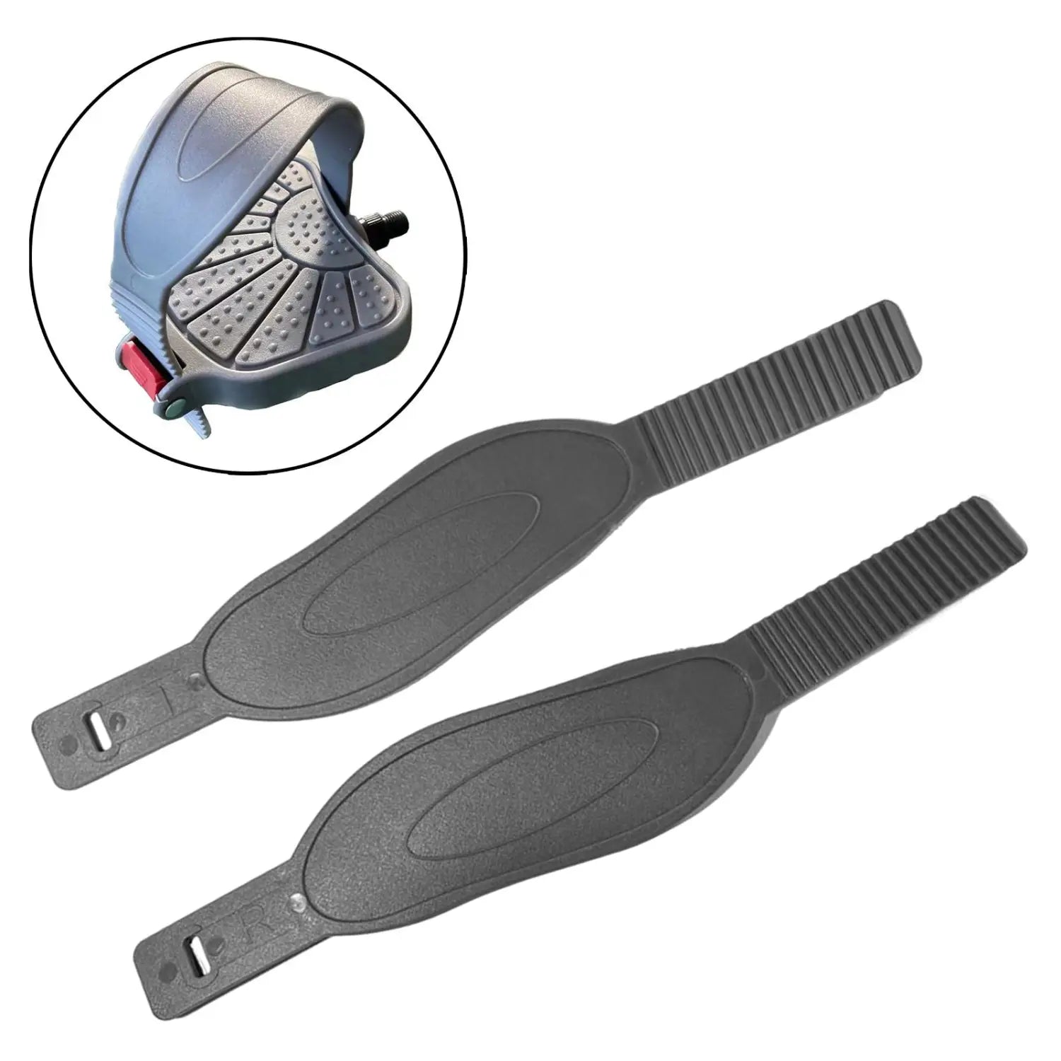 Sangles de pédale de vélo d’exercice en plastique gris avec extrémités cannelées texturées réglables et sections centrales de forme ovale, pour remplacement