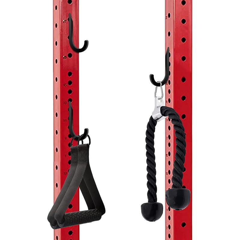 Black textured grip triangle and rope cable attachments for a red squat rack storage hooks heavy duty weight holder designed for durable weight organization.