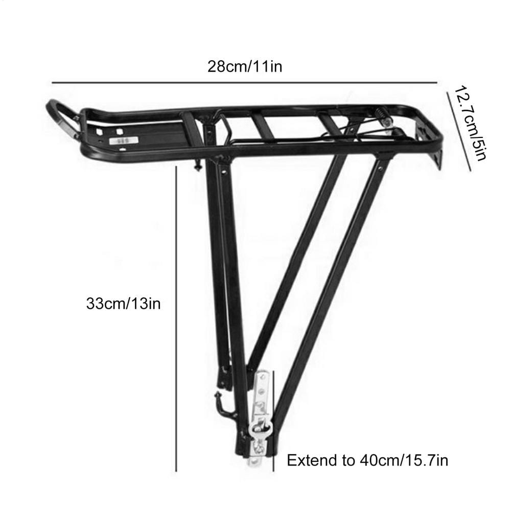 Black metal aluminum bike cargo rack with adjustable height and extendable legs shown from the rear side designed for 35kg rear bicycle carrying capacity.