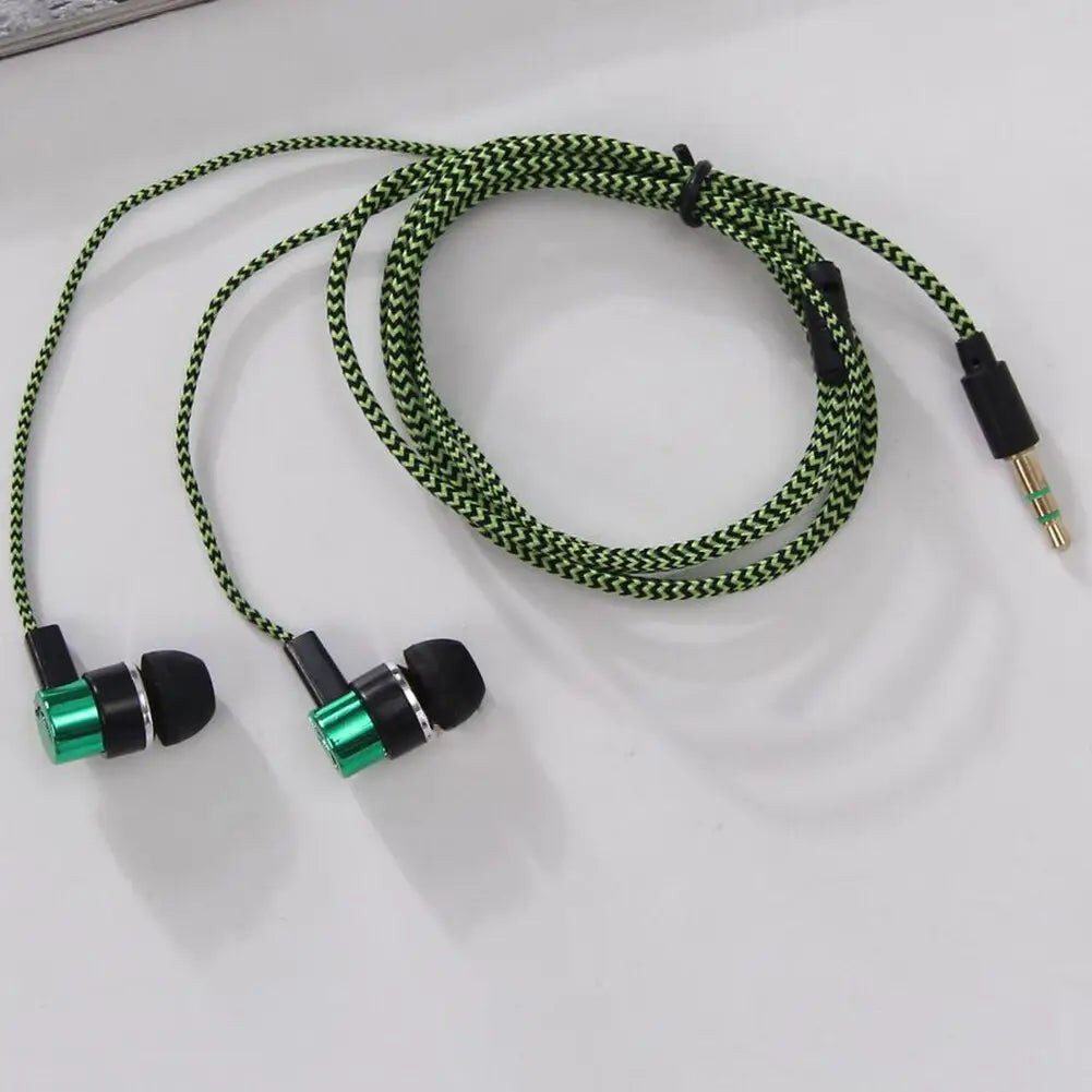 in-ear wired headphones featuring green and black woven cables with metallic green accents on the earbud housings designed for enhanced bass stereo effect.
