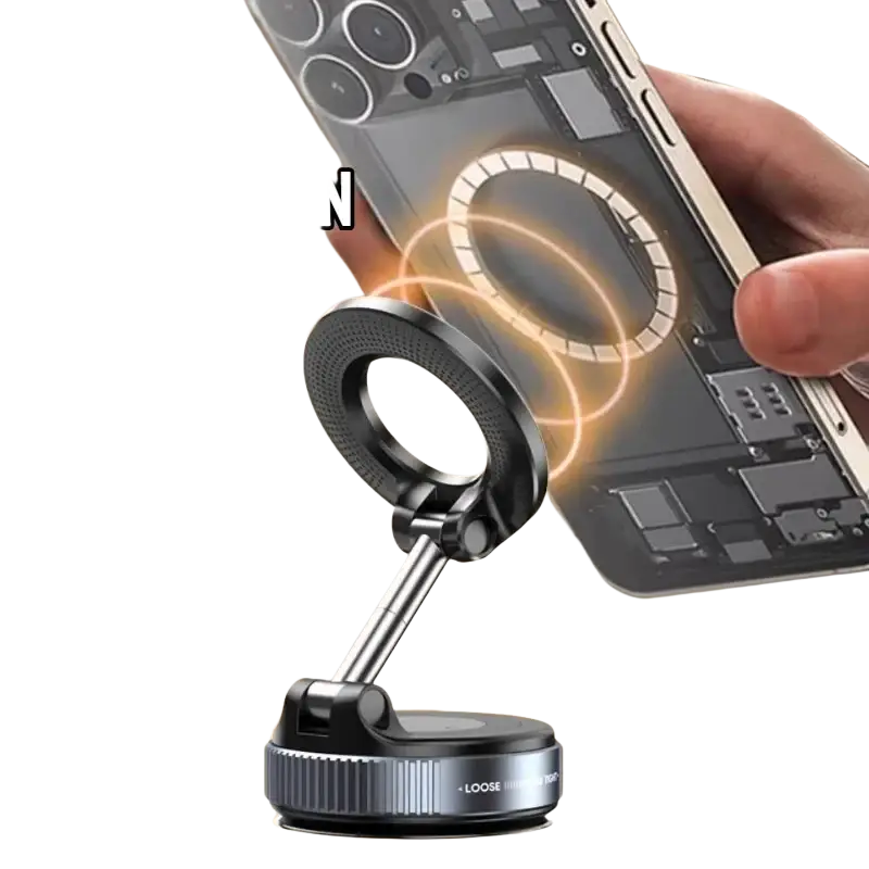 Black foldable magnetic car phone holder with adjustable arm and suction base showing magnetic attraction mechanism