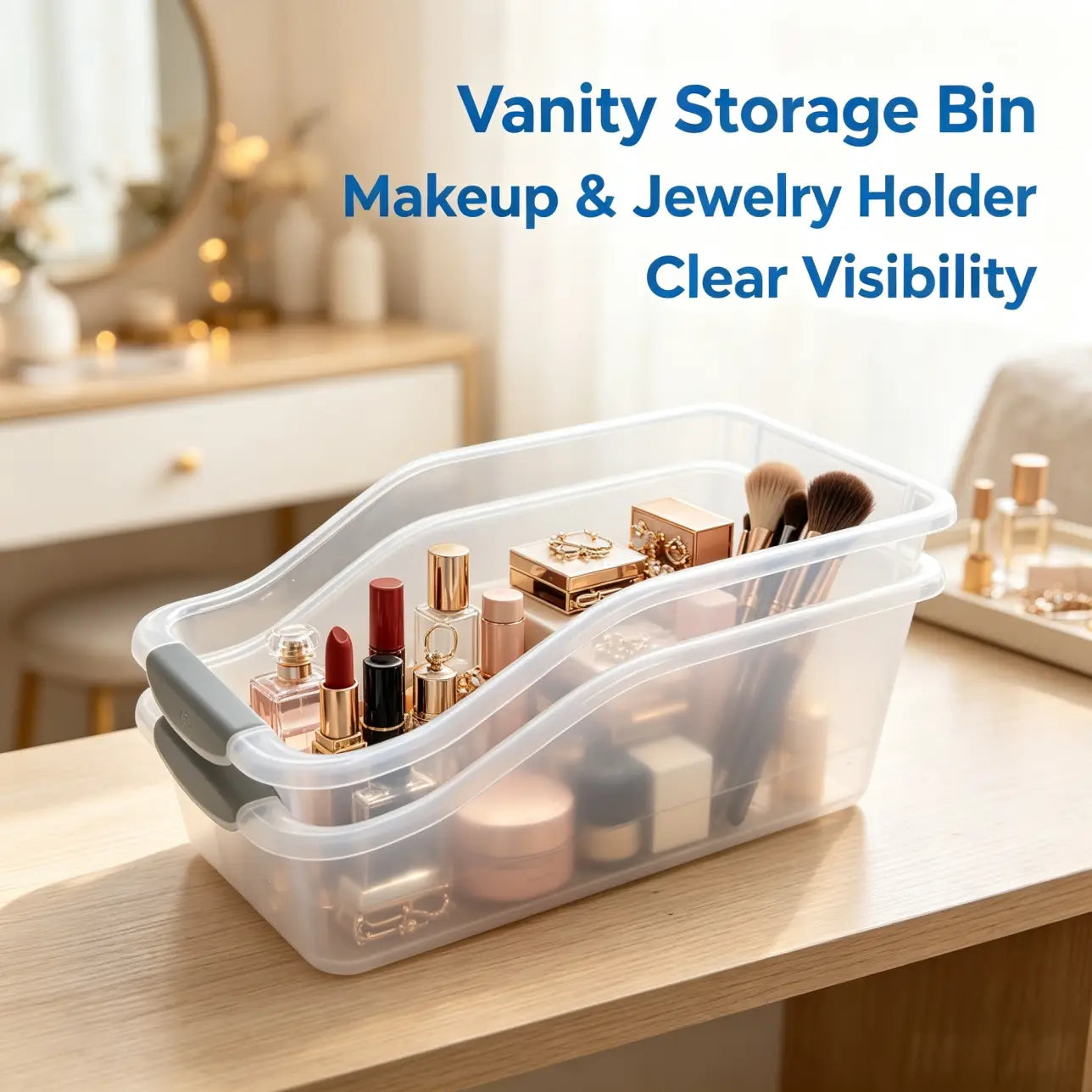Clear plastic storage box with gray lid set featuring a clear plastic vanity storage bin with gray handles designed for organizing makeup and jewelry with visible accessibility.