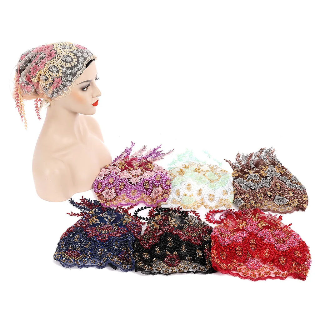 New Ethnic Tassel Headscarf Beaded Embroidery Turban Luxury Tassel Bonnet Women Muslim Hijab Lace Wedding Party Headwear Beanies