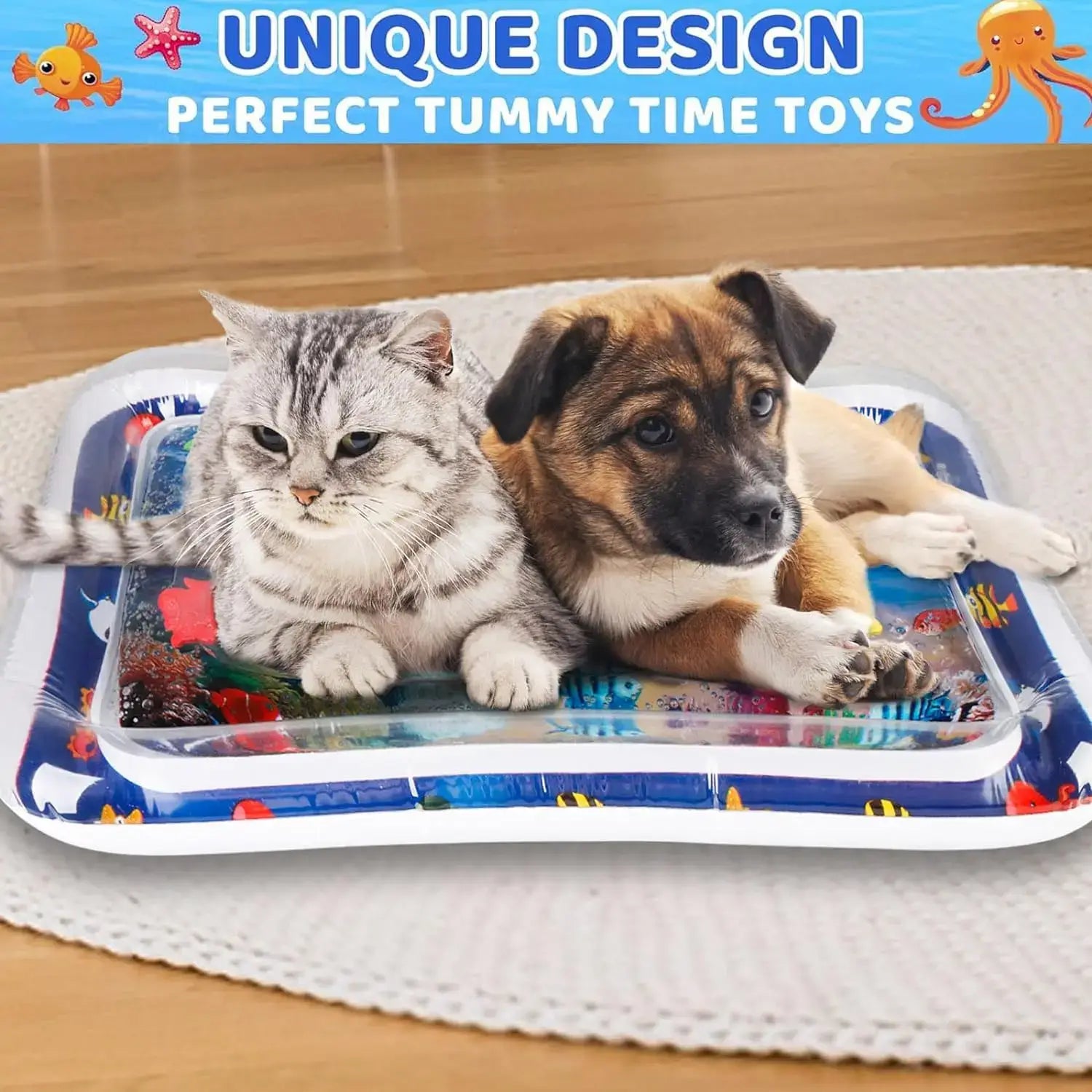Blue and white inflatable water mat with ocean-themed design featuring fish coral and sea creatures for tummy time and pet play.