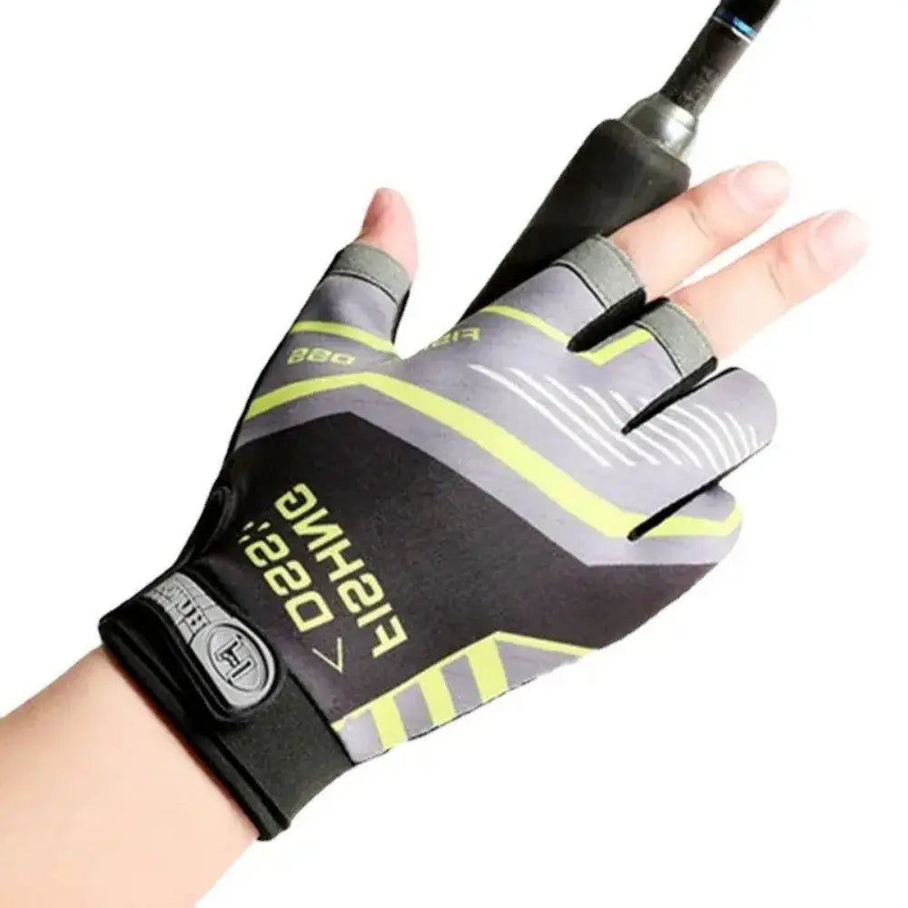 Ice silk three finger fishing glove in gray and neon yellow with black accents featuring a breathable mesh design for comfortable outdoor use shown from the back side.