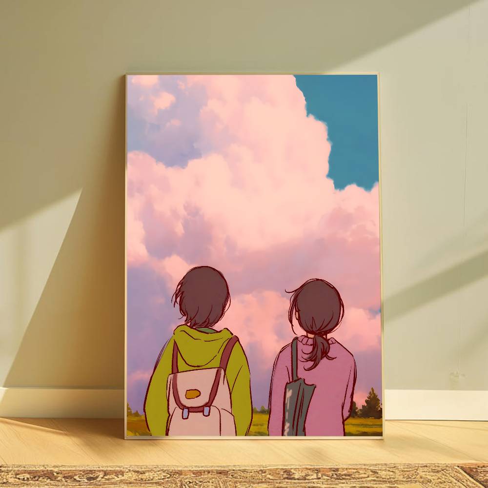 Impresión de lona rectangular que presenta dos figuras ilustradas en tonos pastel suaves, con una con sudadera verde y la otra con rosa, sobre un cielo soñador rosa y azul, diseñada como arte mural gráfico moderno para la decoración de la sala de estar.