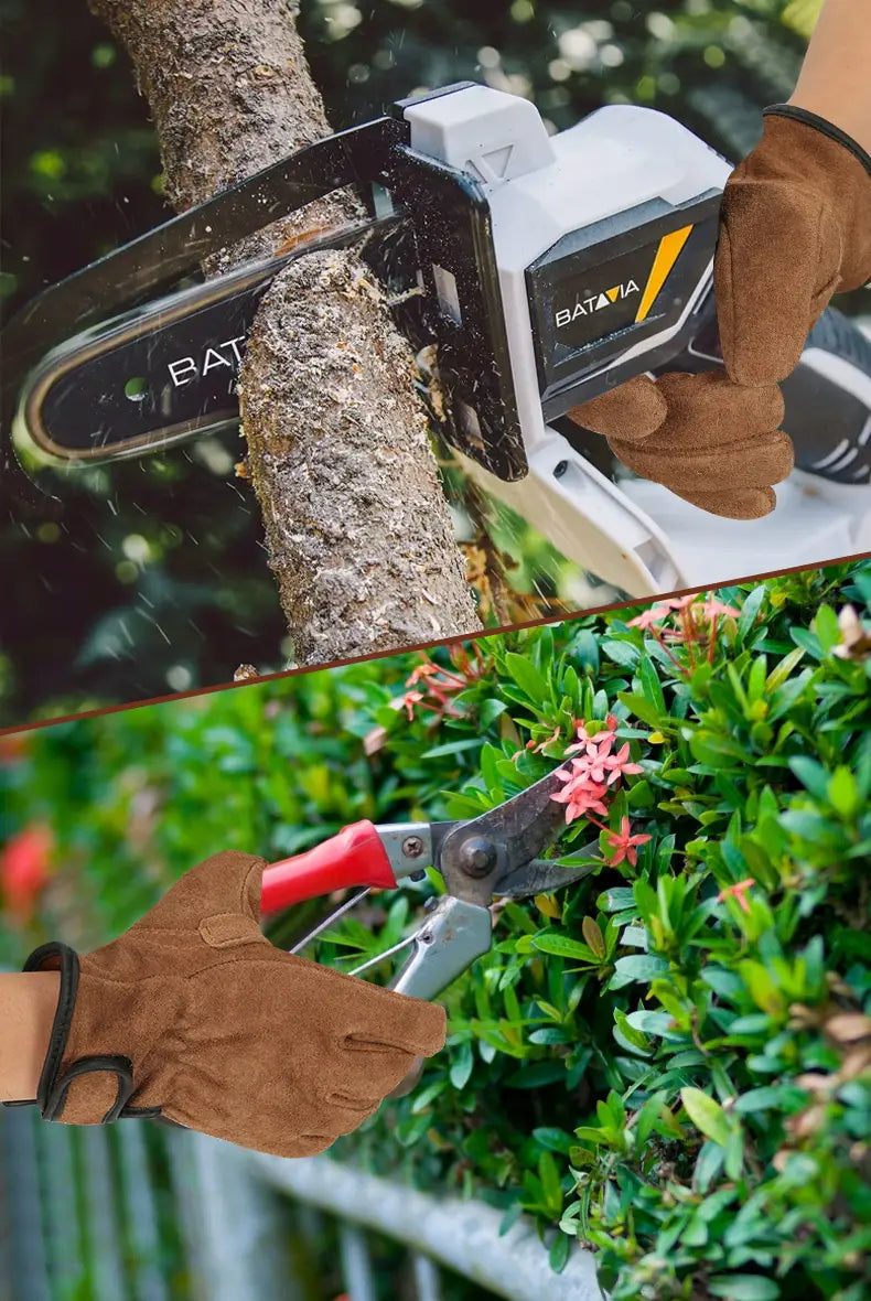 white and black bataia cordless chainsaw with visible brand logo shown alongside heavy duty suede work gloves for men