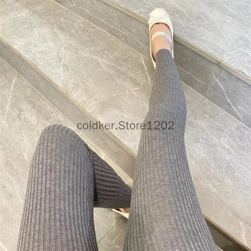 Knitted Leggings Slim Autumn Winter Women Ins High Waist Casual Korean Fashion Trousers Ribbed Elasticity Ankle-Length Pants