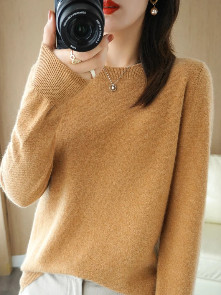 Autumn Winter Women Wool Sweater O-neck Long Sleeve Pullover Basic Casual Loose Style Famale Clothing Merino Wool Knitwear Tops