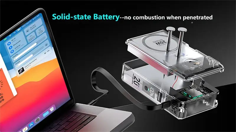 Batterie externe à semi-conducteurs solide transparente avec composants métalliques et câble de charge noir conçue pour une charge sans fil magnétique rapide 65 W.