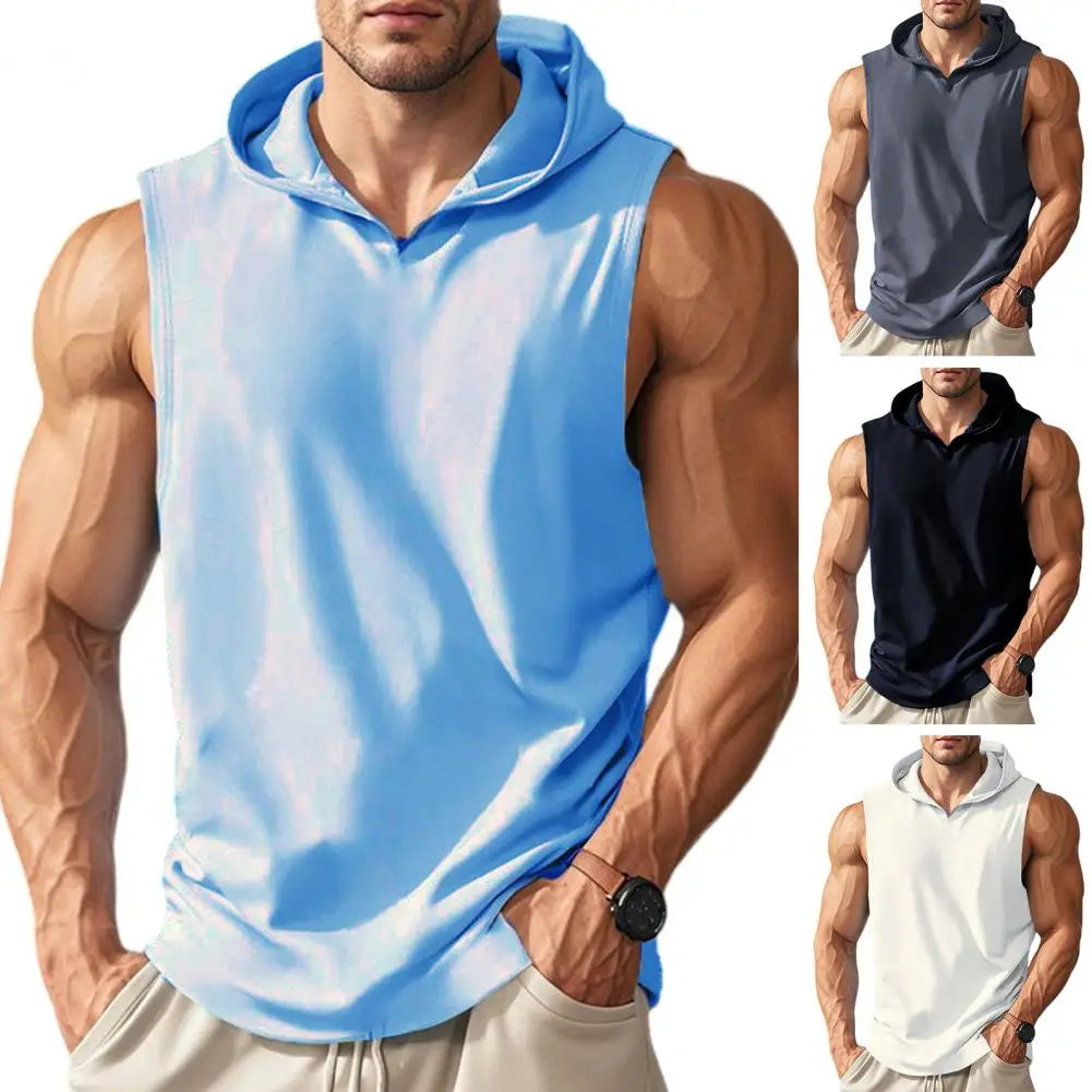 Men Workout Vest Men's Sleeveless Hooded Vest Quick-drying Summer Sports Top Wide Shoulder Strap Activewear for Daily Casual