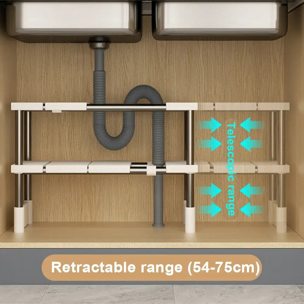Adjustable telescopic sink holder layered partition rack made of stainless steel and white plastic designed for under-sink organization.