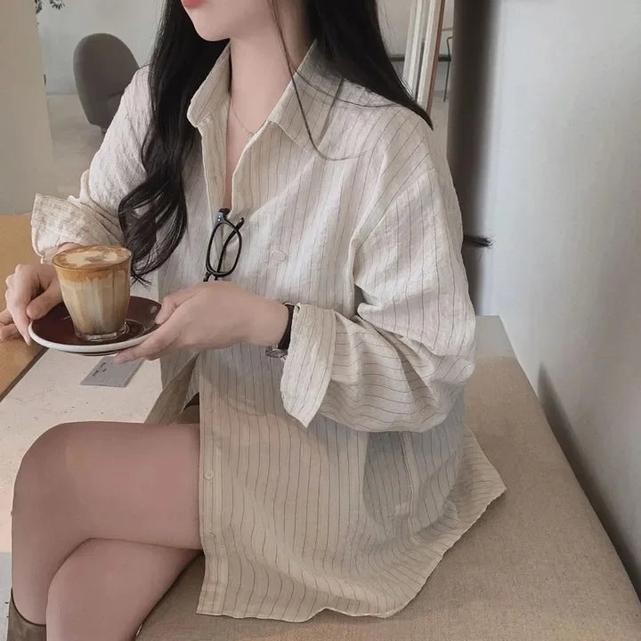 Spring Autumn Versatile Loose Striped Long Sleeve Shirt Top Women's Fashion Loose Fit Stripe Patterned Versatile Shirt