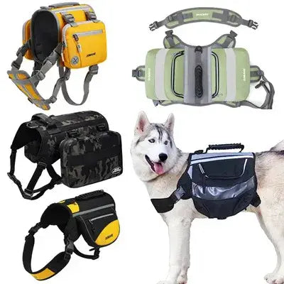 Mochila de viaje para mascotas de tela Oxford negra y amarilla, con tiras reflectantes y correas ajustables para caminatas y suministros para mascotas.