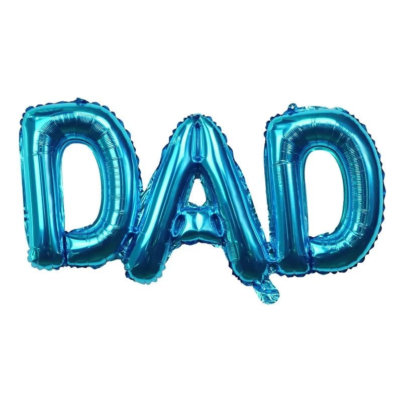Shiny metallic blue inflatable balloon shaped like the word dad featured in a Mom Dad Crown Balloon Tower.