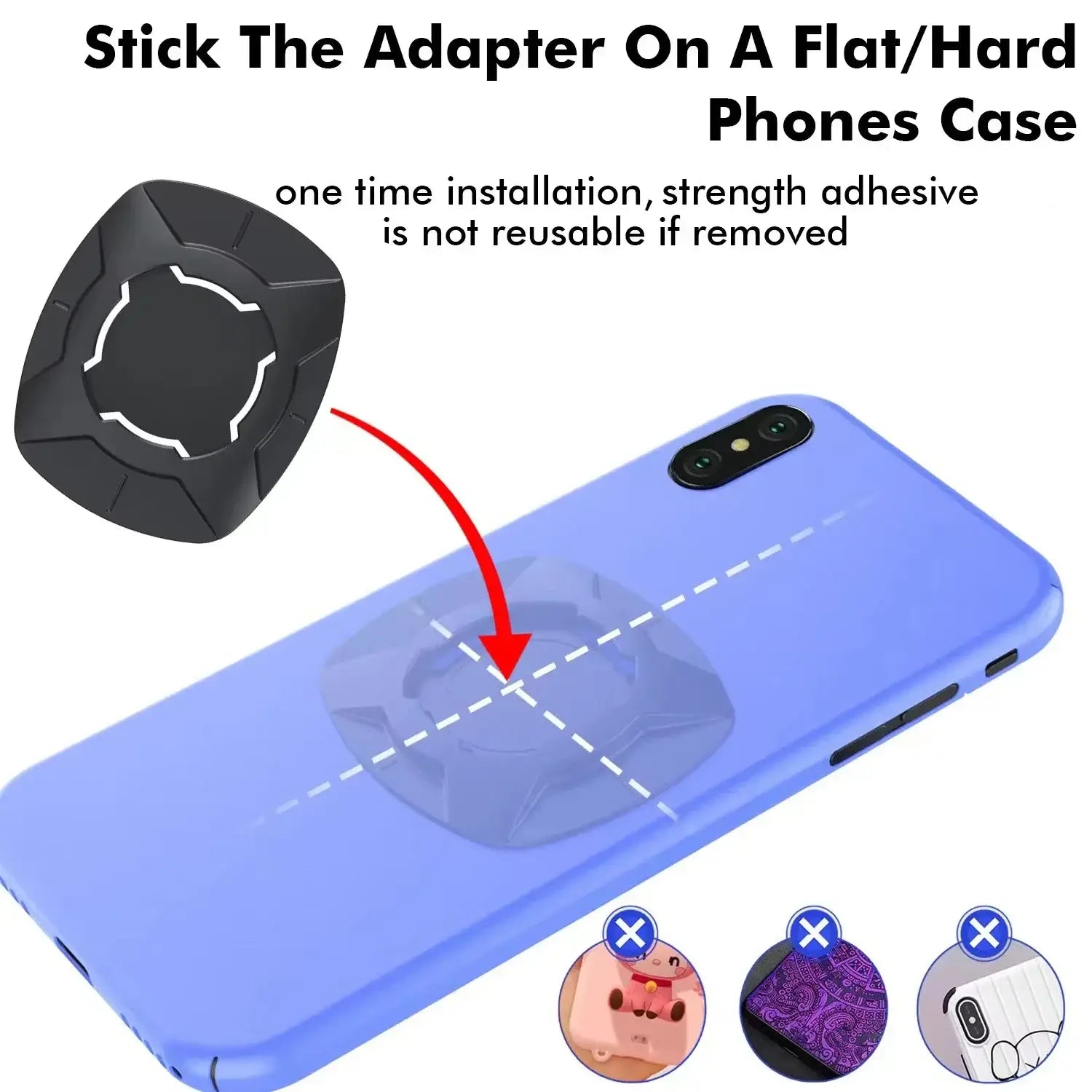 black magnetic phone stand adapter attached to the back of a blue hard case for universal bike phone mount with 360 rotation