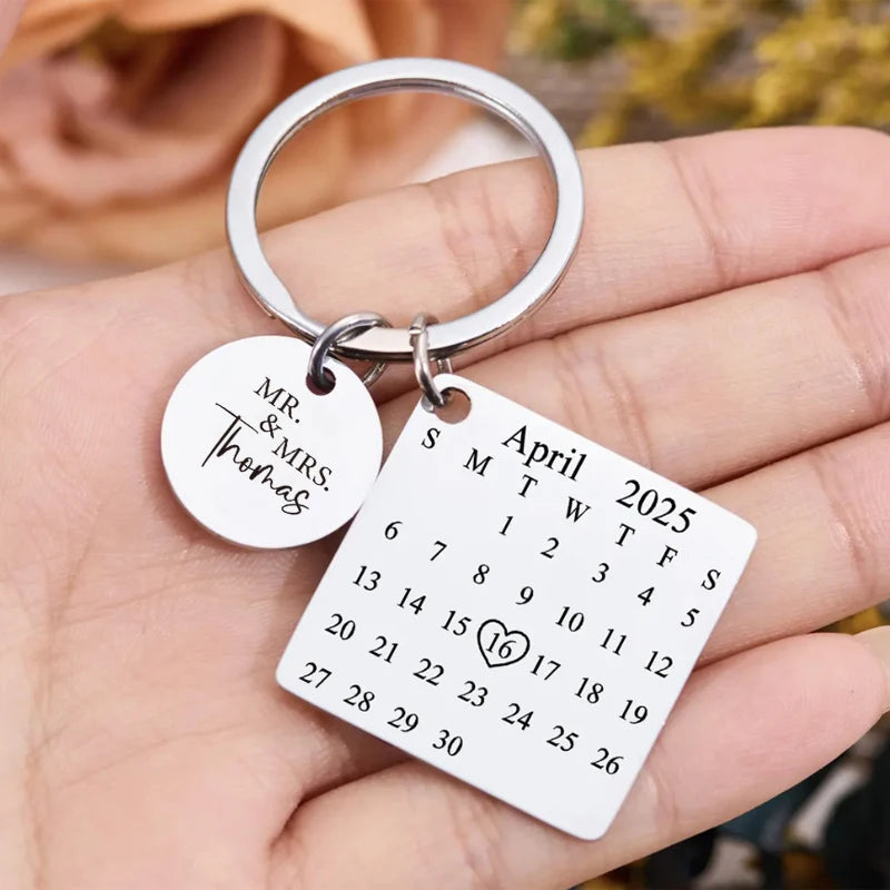 Personalized Name Keychain with Calendar, Stainless Steel Keychain Birthday Gift Keychains, Metal Keychain Wedding Gift Keychain