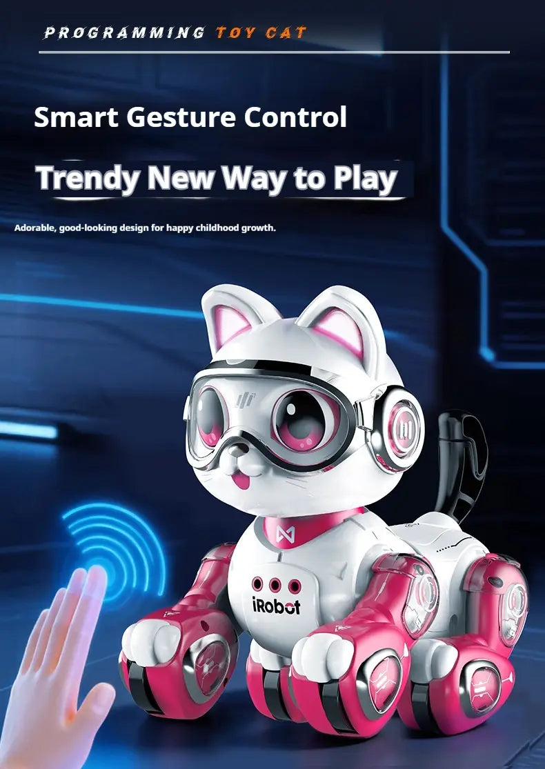 White and pink remote control robotic cat toy with goggles, sleek design, and glowing accents, designed for interactive play.