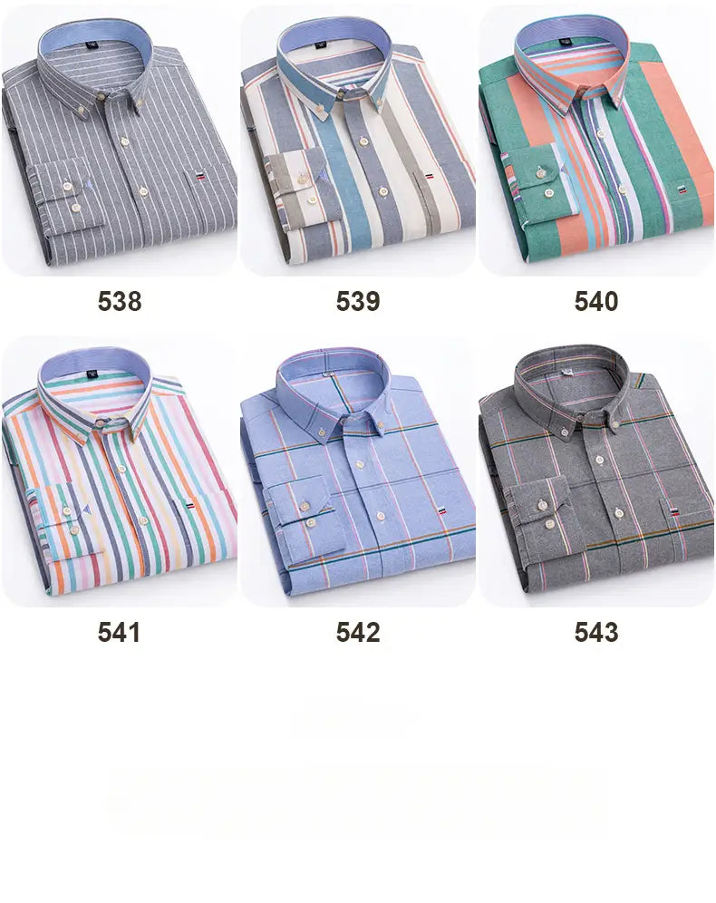 Chemises habillées Oxford en coton 100 % pour hommes, coupe slim, présentant six modèles boutonnés rayés et à carreaux, avec cols, poches de poitrine et boutons assortis dans diverses combinaisons de couleurs.
