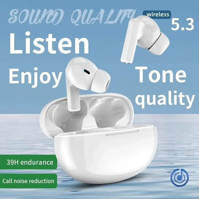 White chuban wireless earbuds with active noise cancelling feature and a sleek glossy finish alongside an oval-shaped charging case.