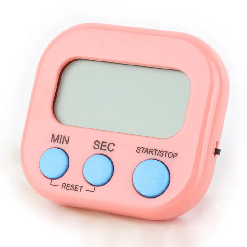 Digitale Küchenuhr mit magnetischer Countdown-Uhr in Pink mit drei hellblauen Tasten mit den Beschriftungen min, sec sowie start/stop.