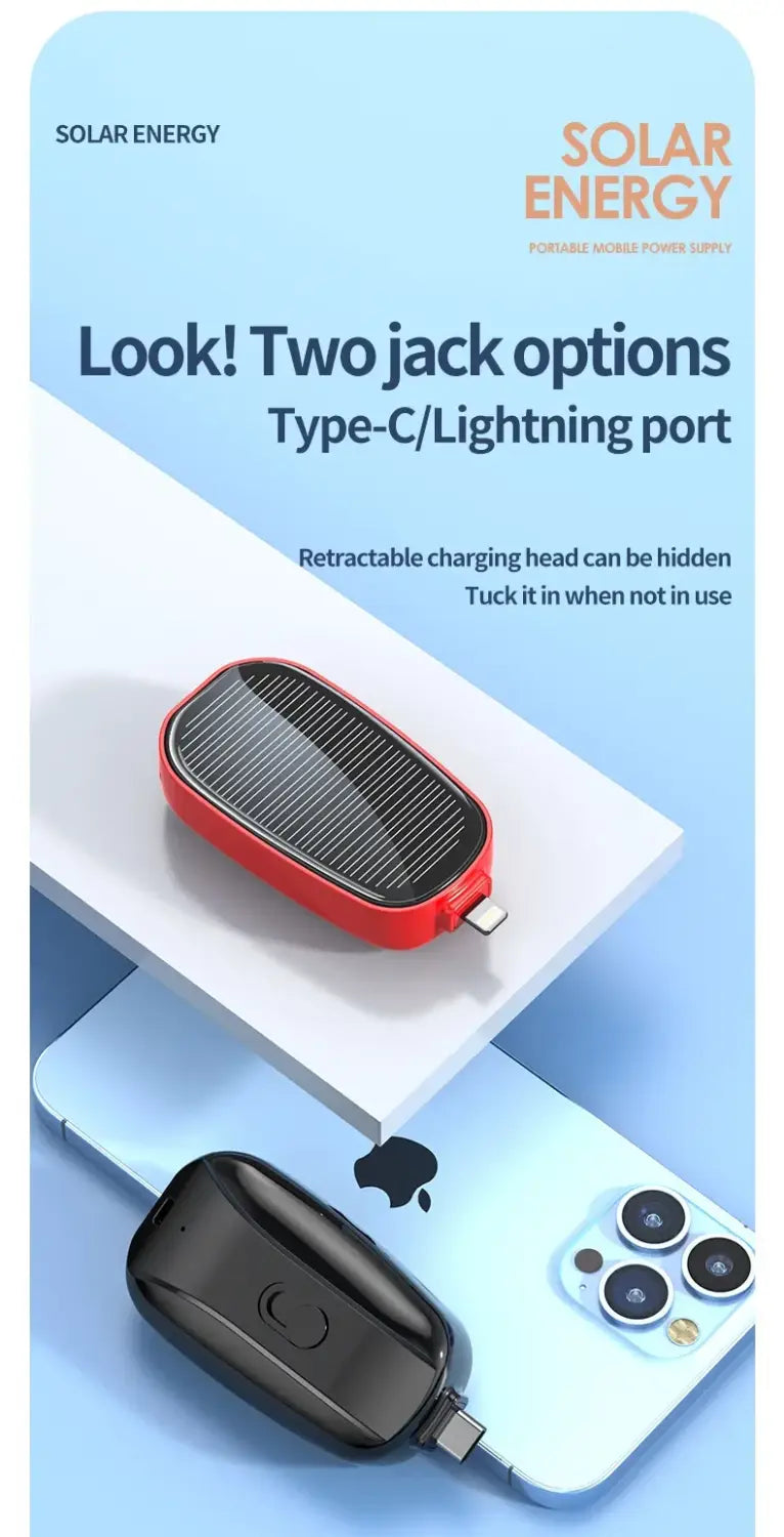 red solar-powered portable charger key ring with retractable type-c and lightning port power bank 1200mah